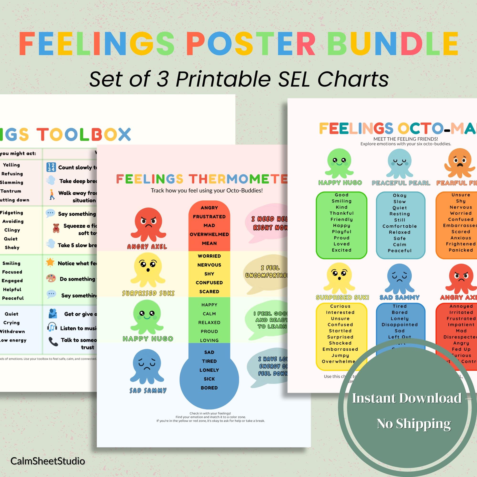 Feelings Poster Bundle – Printable SEL Pack for Kids | Emotions Chart + Thermometer + Toolbox | Calm Down Corner | Therapy Decor
