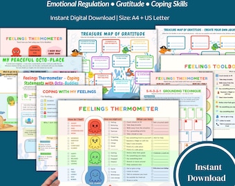 10 SEL Printable Worksheets for Kids – Feelings Thermometer, Gratitude, Coping & Calm Down Tools – Octopus Emotions Bundle PDF