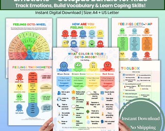 Feelings & Emotions Chart Bundle for Kids – 6 Printable SEL Posters with Octopus Characters | Coping Skills and Emotional Regulation Tools