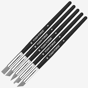 May include: Set of five black sculpting tools with silver handles. Each tool has a different shaped tip and the brand name "FOAM FORGE" is printed on the handle.