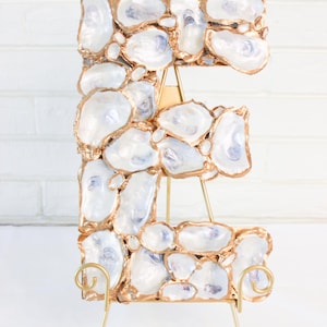 May include: A gold-painted letter E made from oyster shells, standing on a gold metal easel.