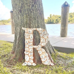 May include: A large letter "R" made of oyster shells and gold-colored wire, resting on grass near a tree and waterfront. The shells are white and the wire has a metallic sheen. The background includes a tree trunk, water, and a dock.