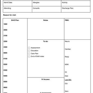 May include: A medical form with fields for patient information, including admit date, allergies, and attending physician. It also has sections for shift plans, notes, and IV access, with checkboxes for assessments and care plans.