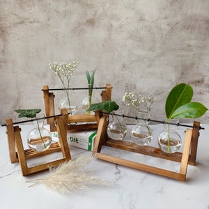 Glas Planter Vase mit Holzständer | Hydrokultur Glasvase | Desktop Terrarium Pflanzgefäß Vase | Wasserpflanzen Vermehrung Vase