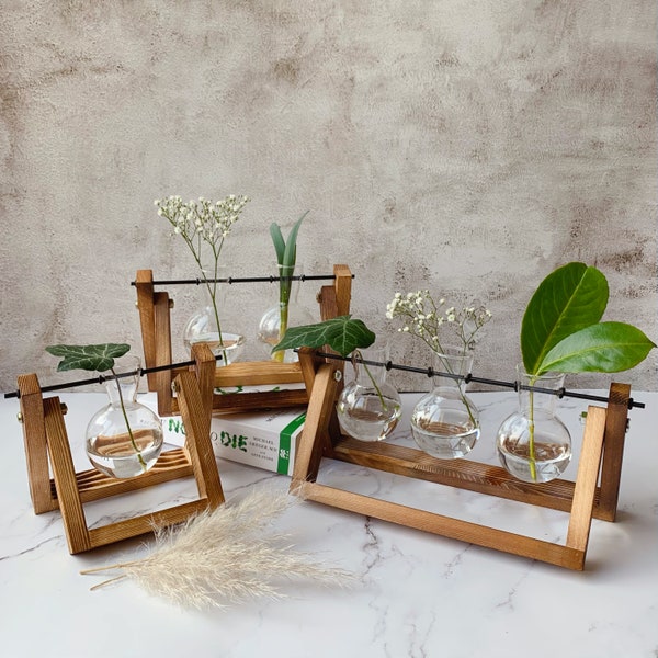 Glass Planter Bulb Vase with Wooden Stand | Hydroponic Glass Vase | Desktop Terrarium Planter Bulb Vase | Water Planting Propagation Vase