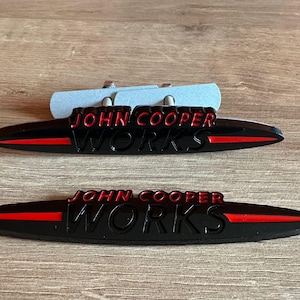 JCW Badge Mini R50 R52 R53 R55 R56 R57 F54 F55 F56 F57 Cooper MK1 MK2 MK3 Gloss Black  Chrome Red White Red Gloss Red Front Or  Rear Bolt on