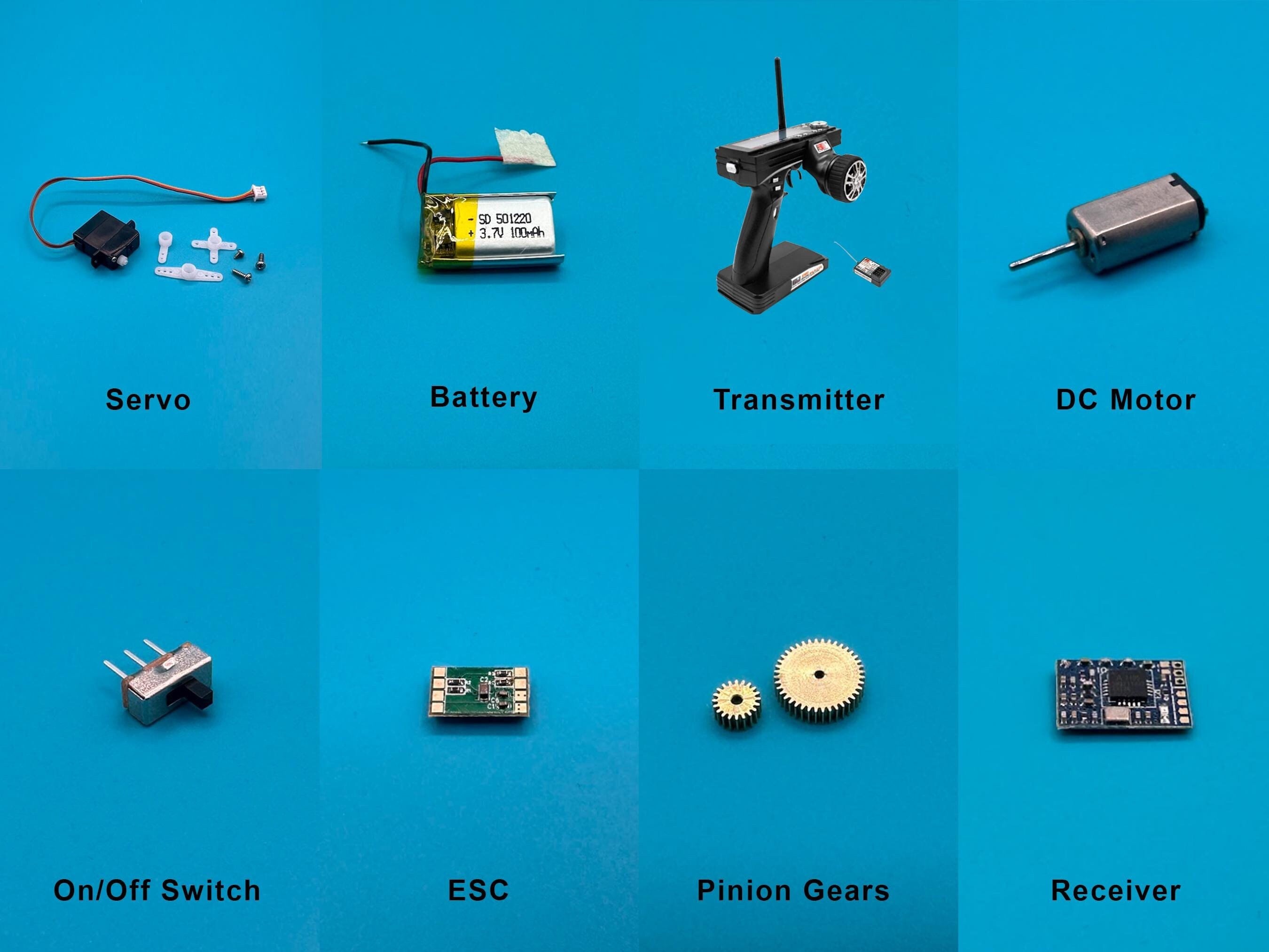 RC電子部品セット 1/64 RC DIY Electronics Parts, Micro Servo, Battery, DC Motor