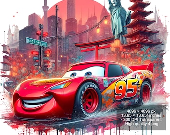 Rayo McQueen con salpicaduras de acuarela PNG: Diseño de sublimación (Descarga digital)