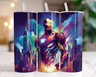 Envoltura para vaso de Iron Man: PNG con salpicaduras de acuarela de 593 ml (descarga digital)