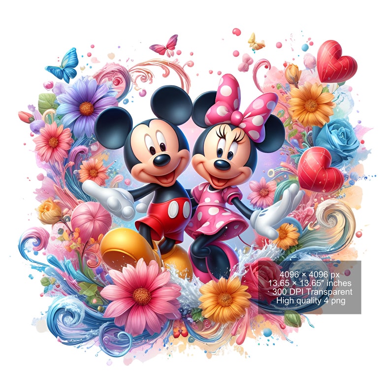 May include: Mickey Mouse and Minnie Mouse stand in front of a colorful floral background. Mickey is wearing red shorts and yellow shoes. Minnie is wearing a pink dress with white polka dots and red shoes. They are both smiling.