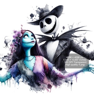 4 PNG Jack and Sally Splash and Watercolor Digital design PNG file for sublimation - High Resolution -Instant Digital PNG Download