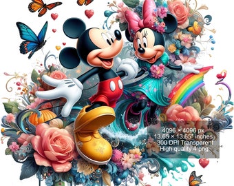 4 PNG Mickey Mouse and Minnie Splash and Watercolor Digital design PNG file for sublimation - High Resolution -Instant Digital PNG Download