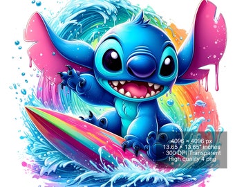 Stitch Surfing Watercolor Splash PNG: High-Resolution Digital Art (Digital Download)