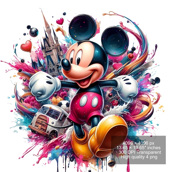 4 PNG Mickey Mouse Splash i akwarela cyfrowy projekt PNG plik do sublimacji-wysoka rozdzielczość-natychmiastowe cyfrowe pobieranie PNG
