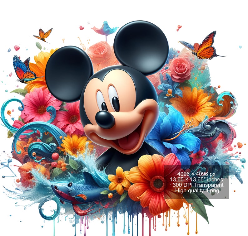 May include: A colorful illustration of Mickey Mouse surrounded by flowers, water, and butterflies. The background is a vibrant mix of blue, green, yellow, orange, red, and pink.