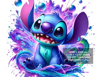 Salpicadura de acuarela de Stitch PNG: Diseño de sublimación digital (descarga digital)