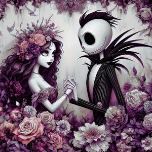 Peut inclure: Illustration romantique d'un couple entour&eacute; de fleurs. La femme a de longs cheveux violets fonc&eacute;s et porte une couronne florale. L'homme est un squelette en costume &agrave; fines rayures. La palette de couleurs est principalement violette et blanche.