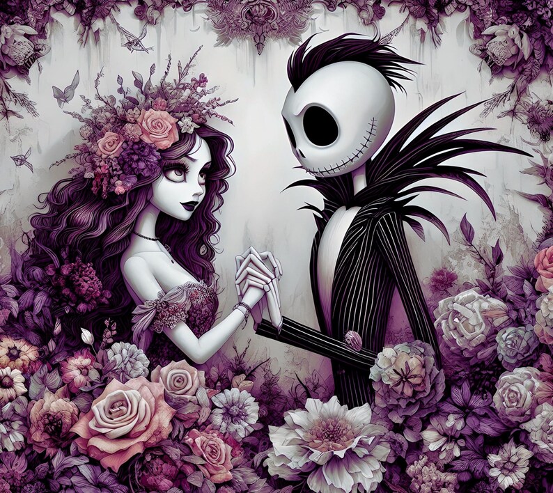 Peut inclure: Illustration romantique d'un couple entour&eacute; de fleurs. La femme a de longs cheveux violets fonc&eacute;s et porte une couronne florale. L'homme est un squelette en costume &agrave; fines rayures. La palette de couleurs est principalement violette et blanche.