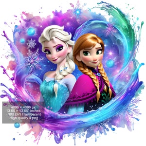 Elsa y Anna Frozen: Acuarela PNG (Descarga digital)