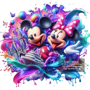 4 PNG Mickey Mouse and Minnie Splash and Watercolor Digital design PNG file for sublimation - High Resolution -Instant Digital PNG Download