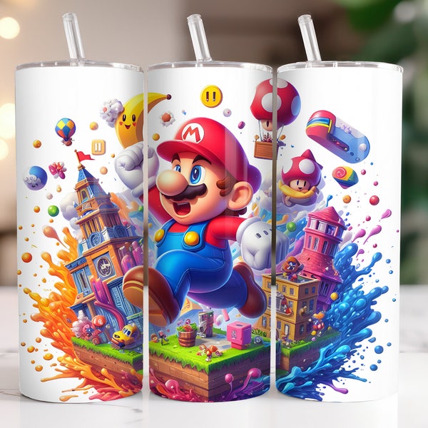 Super Mario Tumbler Wrap PNG, 20 oz Watercolor Splash Digital Design - High Resolution - Instant Digital PNG Download