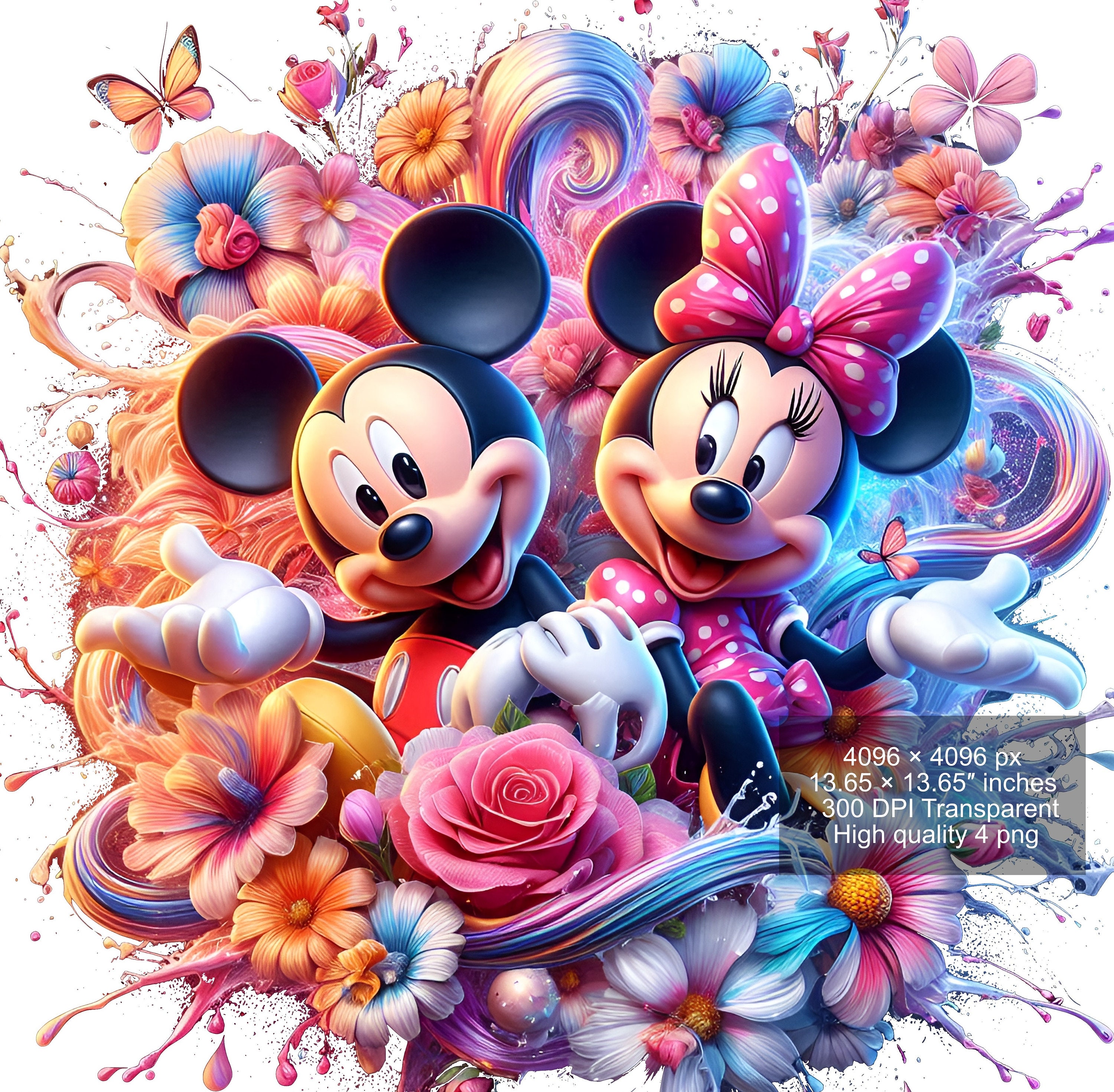 ミッキーとミニーの水彩スプラッシュ4 PNG：高解像度デジタルデザイン