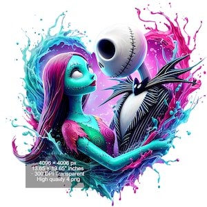 4 PNG Jack and Sally Splash and Watercolor Digital design PNG file for sublimation - High Resolution -Instant Digital PNG Download