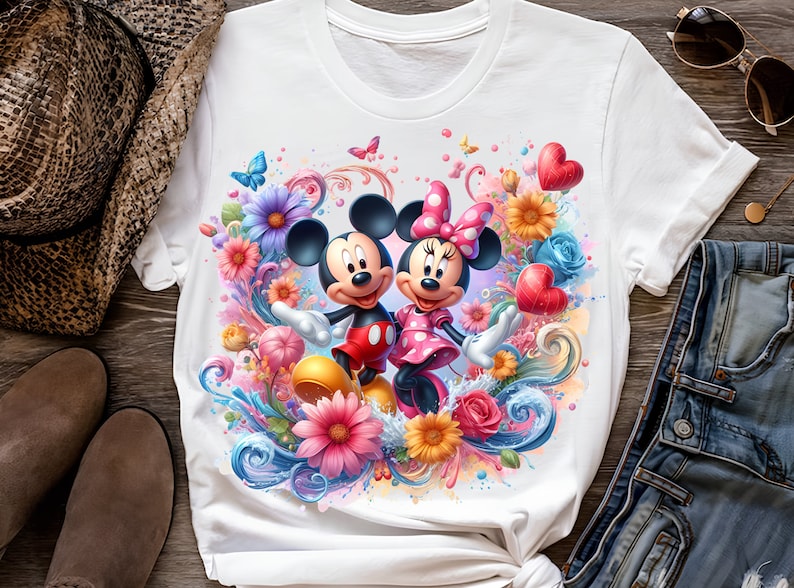 May include: White t-shirt with a colorful graphic print of Mickey Mouse and Minnie Mouse surrounded by flowers and hearts.