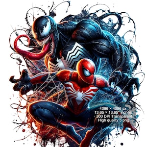 May include: A digital illustration of Spider-Man and Venom facing off against each other. Spider-Man is in his red and blue suit with a white spider symbol on his chest. Venom is in his black suit with a white spider symbol on his chest. The background is a dark, swirling pattern.