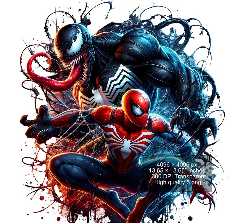 May include: A digital illustration of Spider-Man and Venom facing off against each other. Spider-Man is in his red and blue suit with a white spider symbol on his chest. Venom is in his black suit with a white spider symbol on his chest. The background is a dark, swirling pattern.