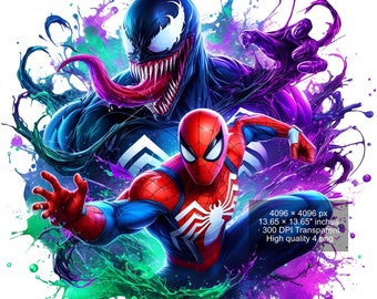 Venom & Spiderman Watercolor Splash PNG: Sublimation Design (Digital Download)