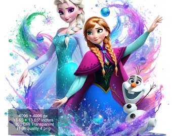 4 PNG Elsa and Anna Frozen Splash and Watercolor Digital design PNG file for sublimation - High Resolution -Instant Digital PNG Download