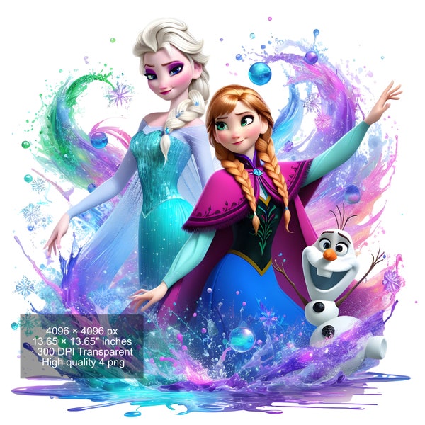 4 PNG Elsa and Anna Frozen Splash and Watercolor Digital design PNG file for sublimation - High Resolution -Instant Digital PNG Download
