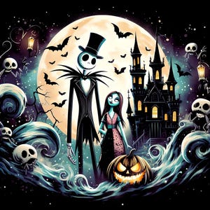 Puede incluir: Ilustraci&oacute;n digital de Jack Skellington y Sally de Pesadilla antes de Navidad, frente a una luna llena. La escena incluye un castillo embrujado, murci&eacute;lagos y una calabaza tallada, todo en un ambiente oscuro de Halloween.
