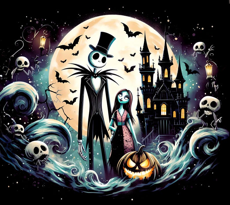 Puede incluir: Ilustraci&oacute;n digital de Jack Skellington y Sally de Pesadilla antes de Navidad, frente a una luna llena. La escena incluye un castillo embrujado, murci&eacute;lagos y una calabaza tallada, todo en un ambiente oscuro de Halloween.