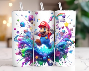 Super Mario Tumbler Wrap: 20 oz Watercolor Splash PNG (Digital Download)