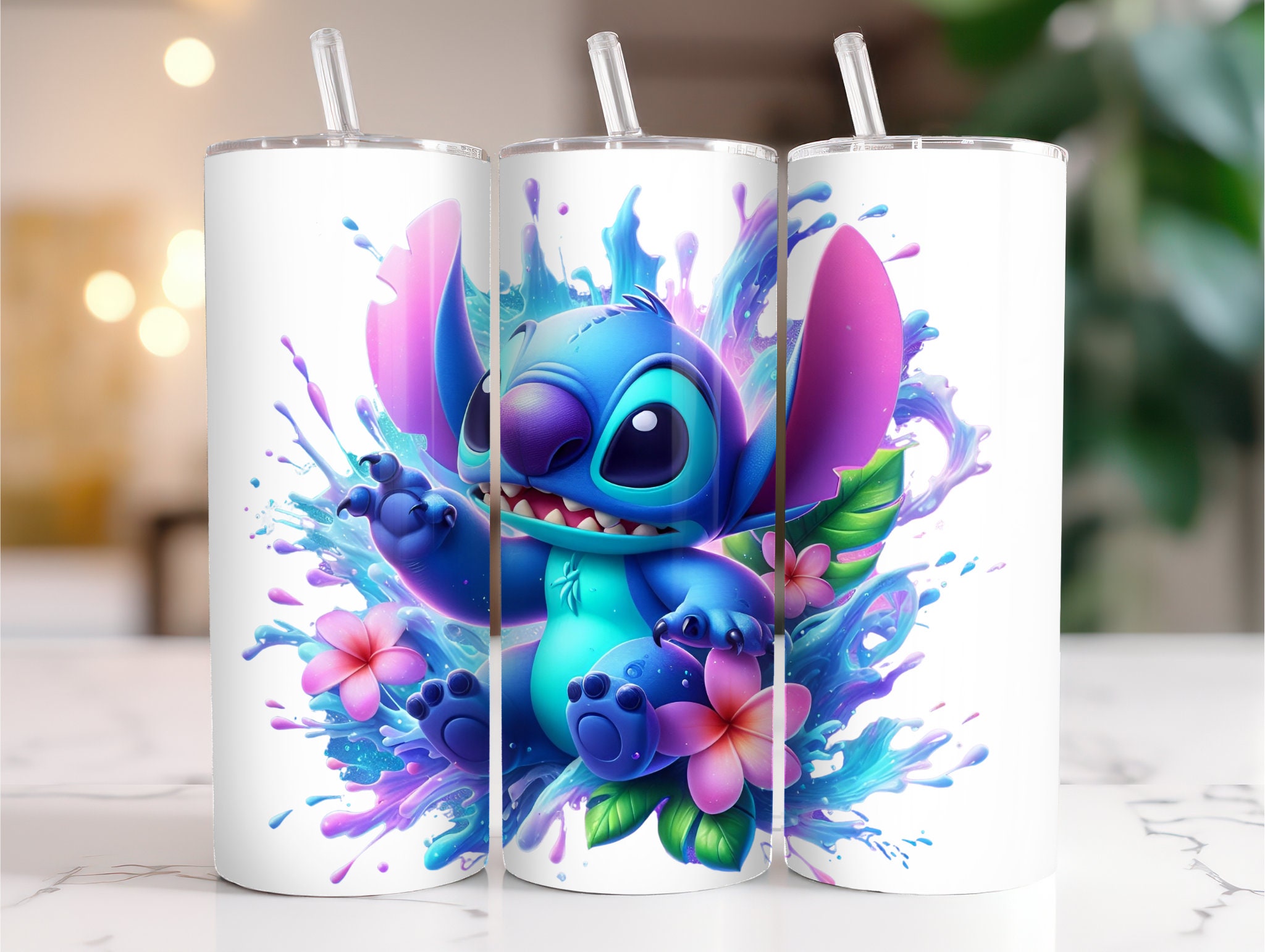 Stitch Tumbler Wrap PNG, 20 Oz Watercolor Splash Digital