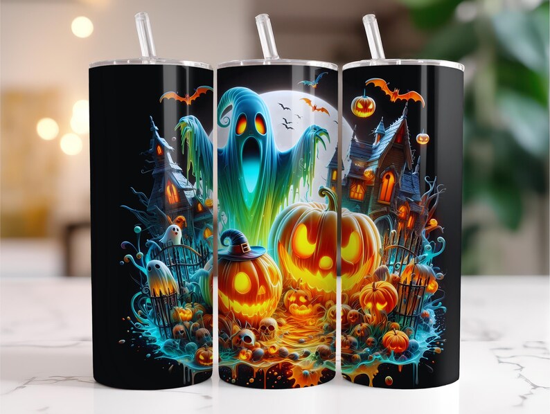 Puede incluir: Tres vasos negros con tem&aacute;tica de Halloween con pajitas. Cada vaso presenta una ilustraci&oacute;n detallada de una escena espeluznante con fantasmas, calabazas, casas embrujadas y murci&eacute;lagos sobre un fondo oscuro. El dise&ntilde;o tiene un efecto brillante similar al ne&oacute;n.