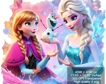 4 PNG Elsa and Anna Frozen Splash and Watercolor Digital design PNG file for sublimation - High Resolution -Instant Digital PNG Download