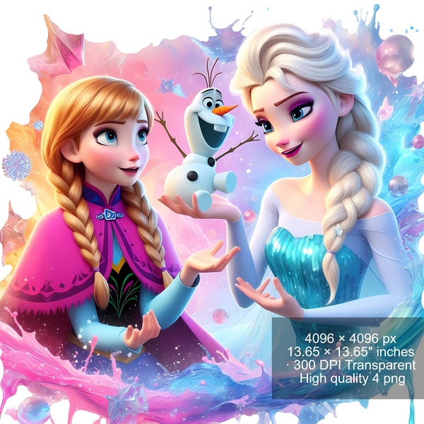 4 PNG Elsa and Anna Frozen Splash and Watercolor Digital design PNG file for sublimation - High Resolution -Instant Digital PNG Download