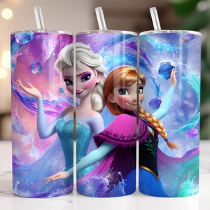 Elsa and Anna Frozen Tumbler Wrap PNG, 20 oz Watercolor Splash Digital Design - High Resolution - Instant Digital PNG Download
