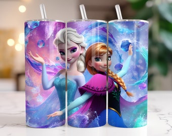 エルサとアナのフローズン タンブラーラップ：水彩スプラッシュ PNG（デジタルダウンロード）