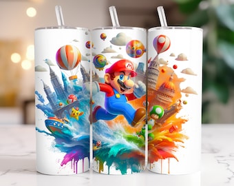 Super Mario Tumbler Wrap PNG, 20 oz Watercolor Splash Digital Design - High Resolution - Instant Digital PNG Download