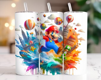 Tumbler Wrap Super Mario: 20 oz Watercolor Splash Design (download digitale PNG)