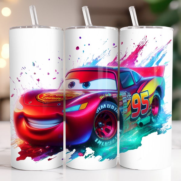 Lightning McQueen Tumbler Wrap PNG, 20 oz Watercolor Splash Digital Design - High Resolution - Instant Digital PNG Download