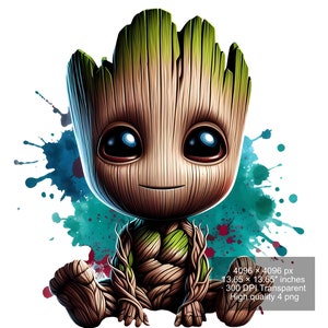 Zestaw 4 akwareli splash Baby Groot png Obrazy cyfrowe do druku, koszulki, Groot Print Wysoka rozdzielczość-natychmiastowe pobieranie cyfrowe