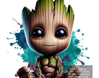 Set of 4 Watercolor splash Baby Groot png Digital images for printing, T-Shirts, Groot Print High Resolution-Instant Digital Download