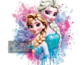 3 PNG Elsa and Anna Frozen Splash and Watercolor Digital design PNG file for sublimation - High Resolution -Instant Digital PNG Download