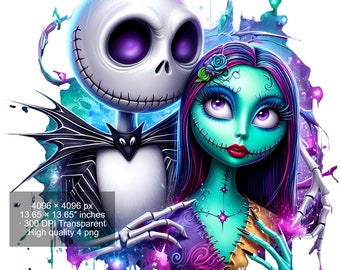 May include: A digital illustration of Jack Skellington and Sally from The Nightmare Before Christmas. Jack is white with purple eyes, and Sally is teal with purple hair. The image has a watercolor effect with splashes of color.