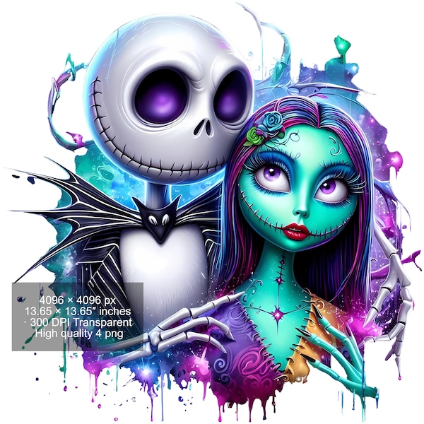 4 PNG Jack and Sally Splash and Watercolor Digital design PNG file for sublimation - High Resolution -Instant Digital PNG Download